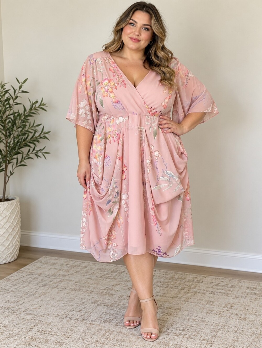 City Chic Blush Pink Floral Wrap Robe Dress